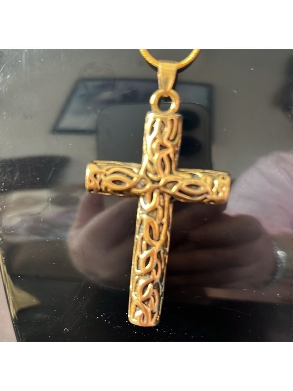 Filigree Gold Toned Cross Pendant 14k Over Sterling 18 Inch Snake Chain